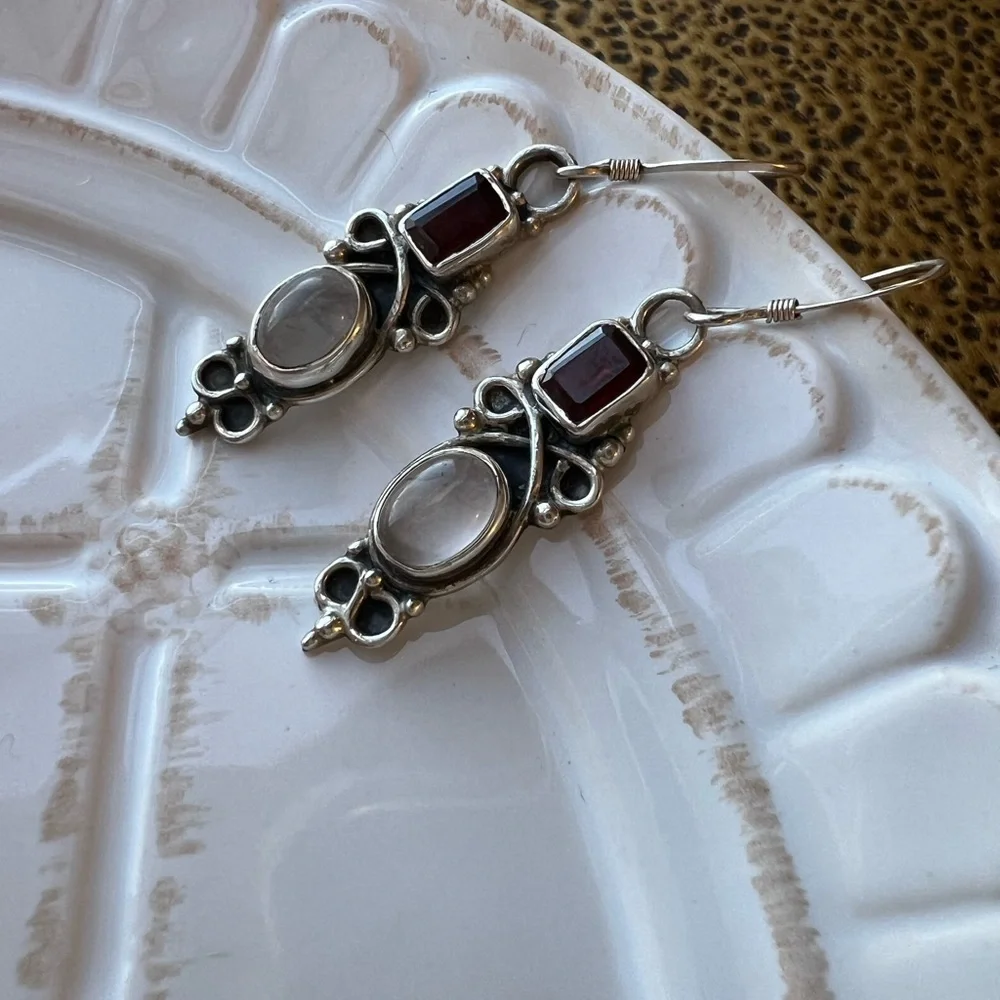 Garnet & Rose Quartz Drop Earrings Vintage Sterling Silver 925 NOS - Picture 3 of 5